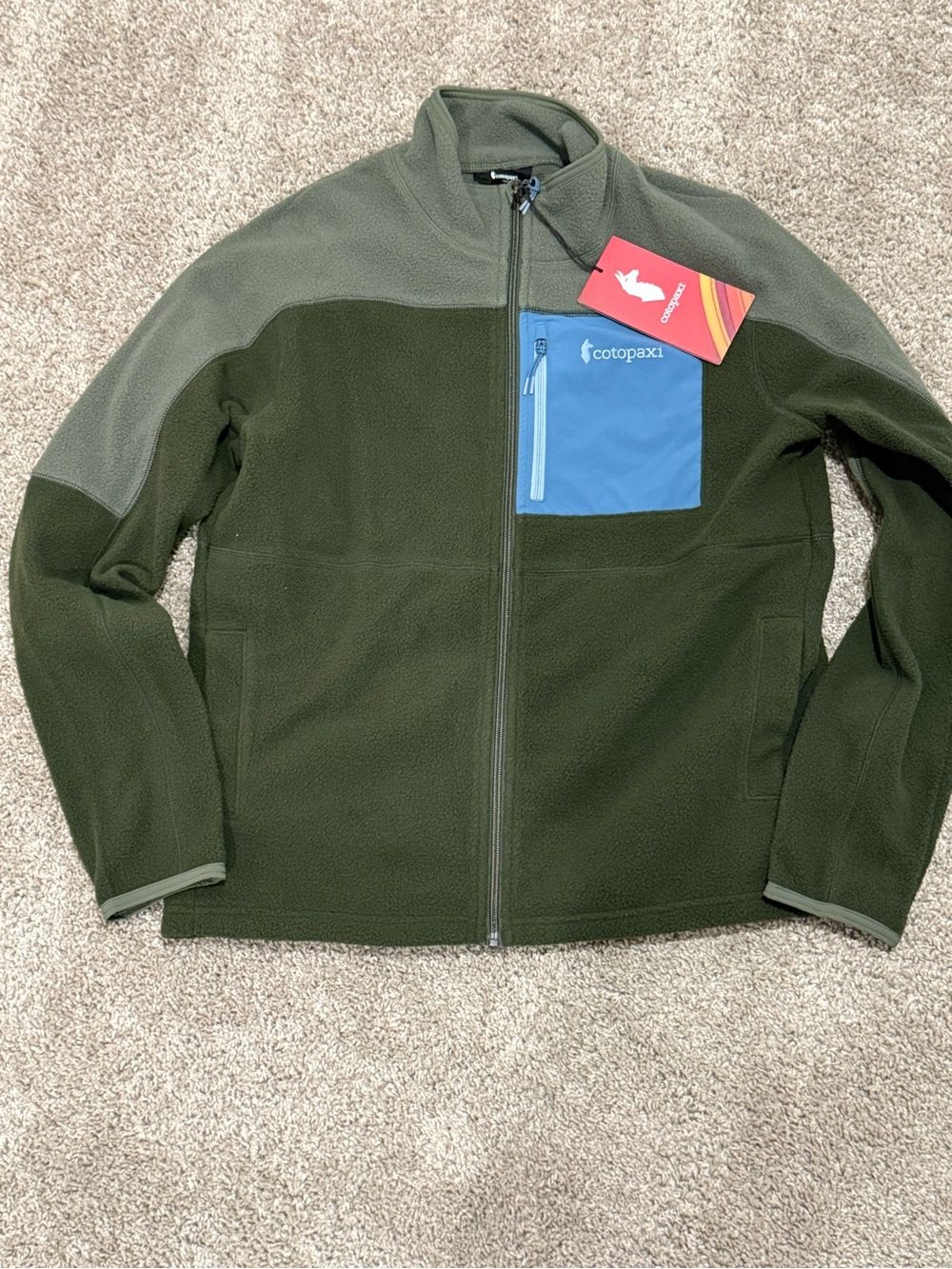 cotopaxi Two-Tone Olive Fleece Jacket with Blue Chest Pocket